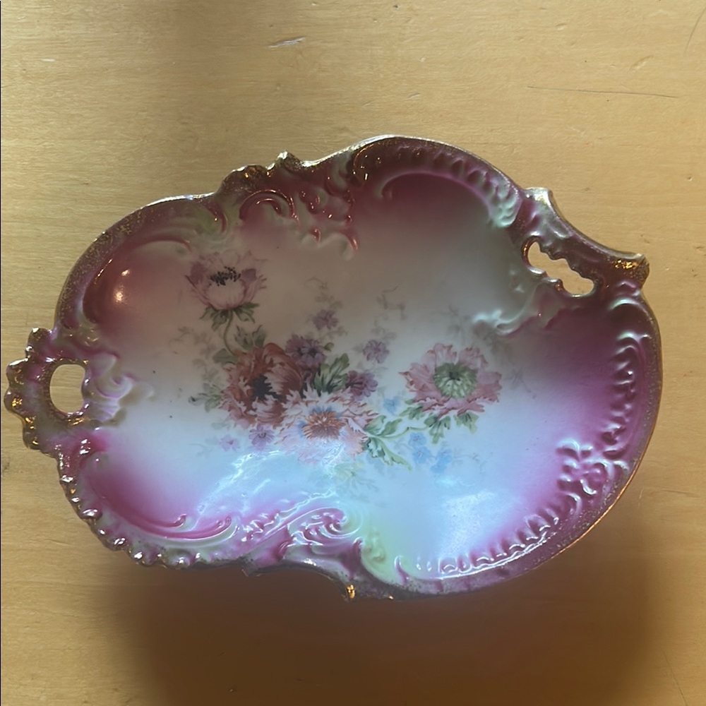 PS PRUSSIA Vintage Floral Porcelain Dish with Gold Trim
